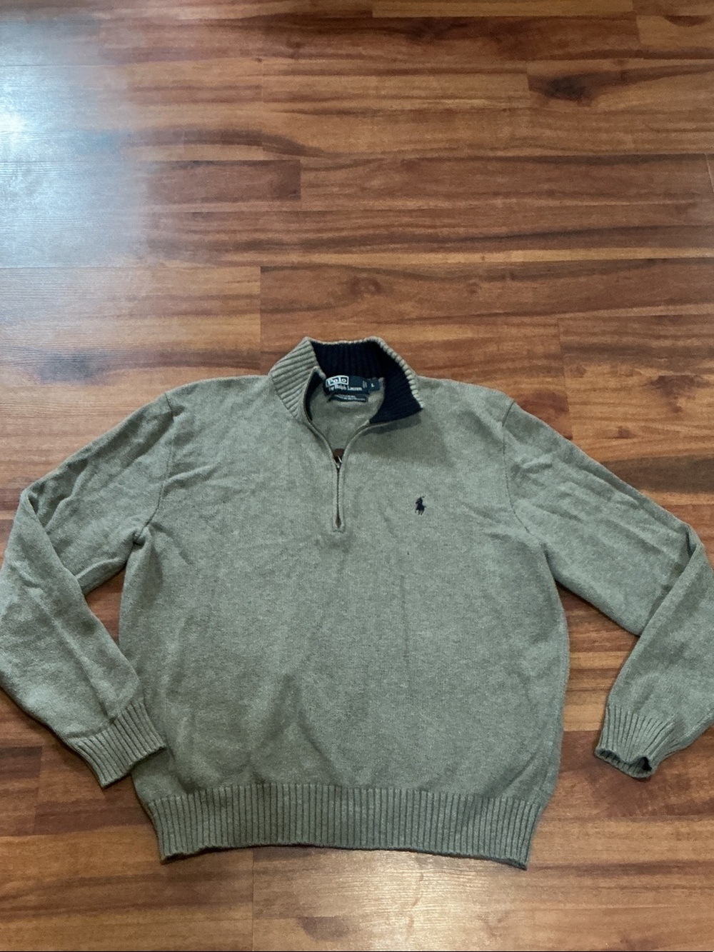 Polo by Ralph Lauren Men's Tan Half-Zip Sweater with Navy Trim large great con
